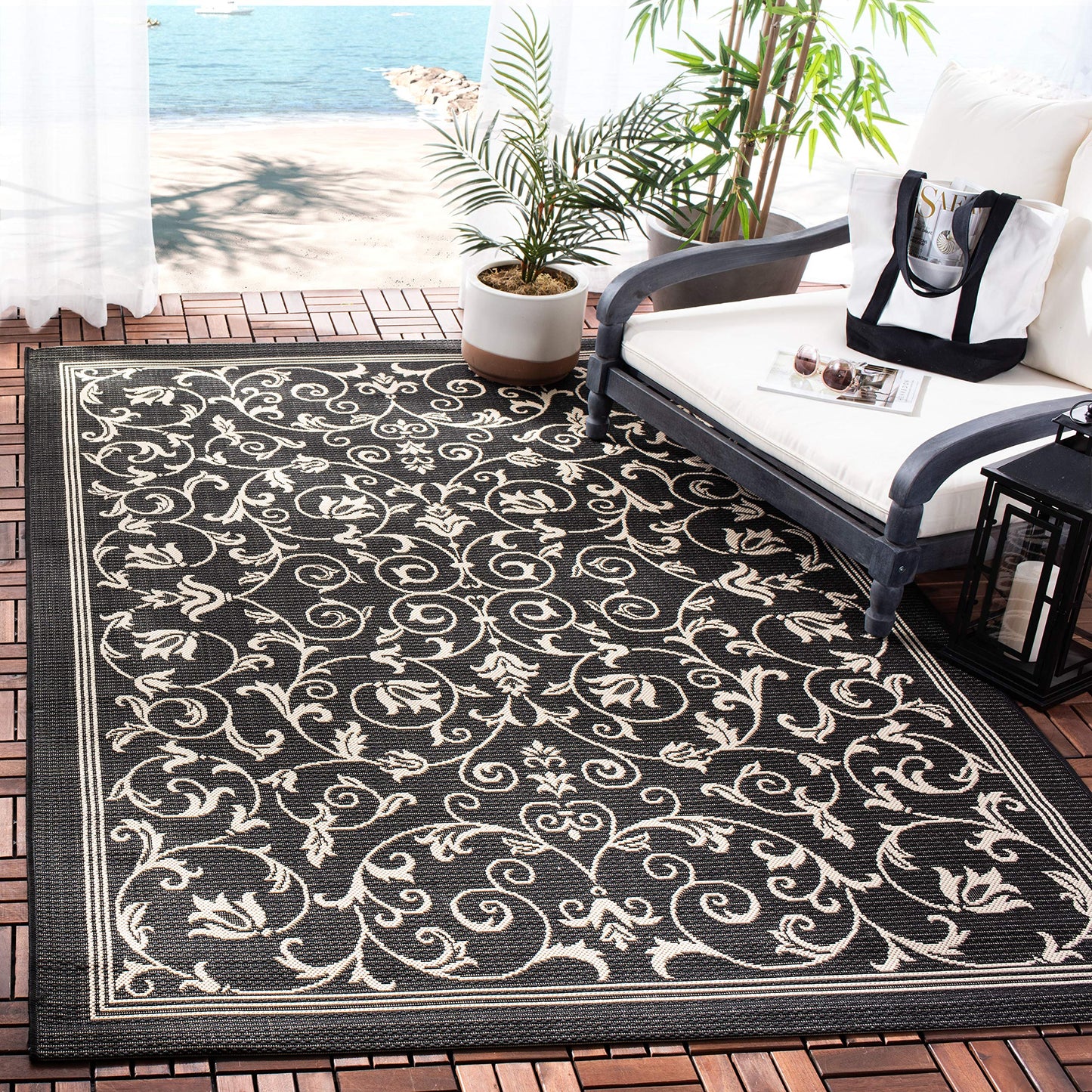 SAFAVIEH Washable Rug Outdoor Courtyard Collection - 4' x 5'7", Black & Sand, Non-Shedding & Easy Cleaning, Ideal for Patio, Backyard, Mudroom (CY2098-3908)