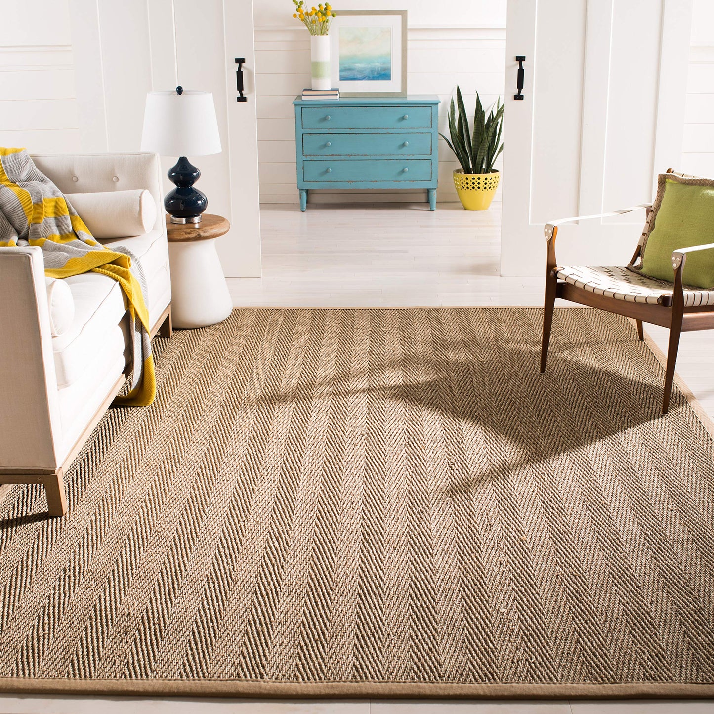 SAFAVIEH Area Rug 9x12 - Natural Fiber Collection - Large - Natural & Beige, Seagrass, Herringbone Pattern with Border (NF115A)