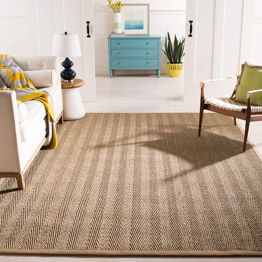 SAFAVIEH Area Rug 9x12 - Natural Fiber Collection - Large - Natural & Beige, Seagrass, Herringbone Pattern with Border (NF115A)
