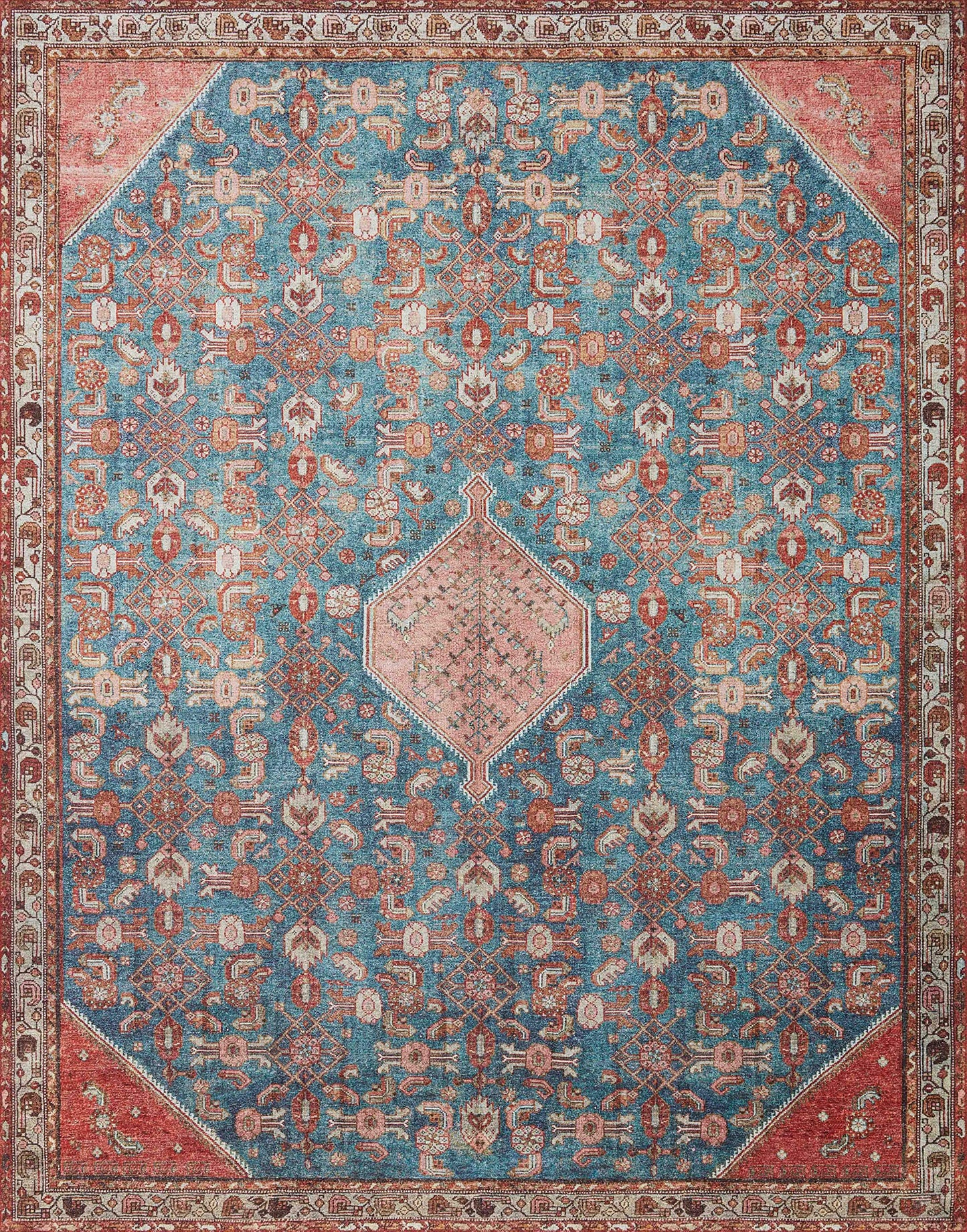 Loloi Layla Collection LAY-10 Marine/Clay 7'-6" x 9'-6" .13" Thick Area Rug, Soft, Durable, Vintage Inspired, Distressed, Low Pile, Non-Shedding, Easy Clean, Printed, Living Room Rug