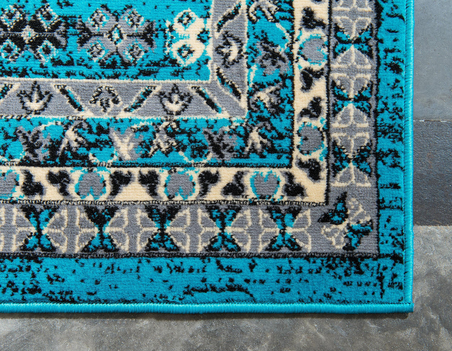 Unique Loom Taftan Collection Border Geometric Tribal Inspired Design Area Rug (6' 0 x 9' 0 Rectangular, Turquoise/ Gray)