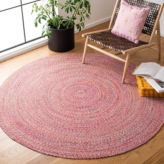 SAFAVIEH Braided Collection 5' Round Pink/Yellow BRD351U Flatweave Cotton Living Room Dining Bedroom Foyer Area Rug